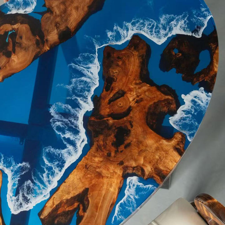 Seawavetable-Hawaiian Ocean Wave Resin River Oval Coffee Table – Olive Wood with Luminous Finish