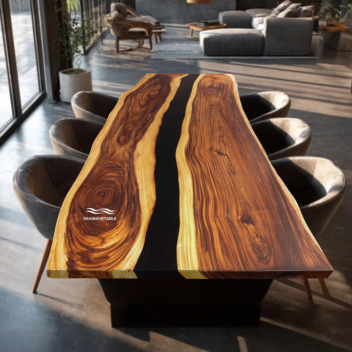 Seawavetable-Black epoxy resin river dining table with live edge