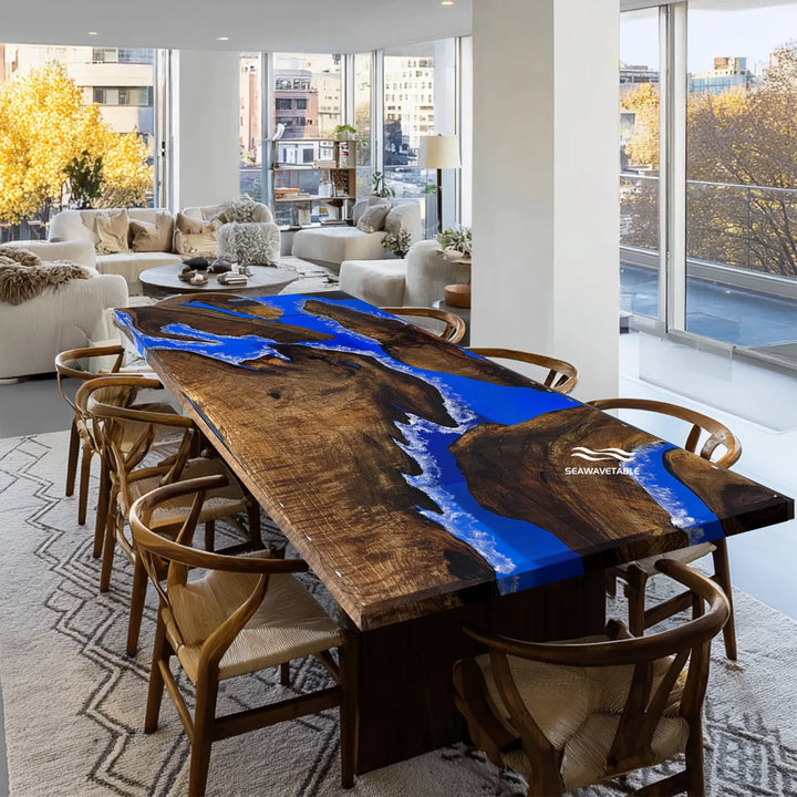 Seawavetable-Black Walnut ocean wave epoxy dining table, high-gloss bevel edge stone inlay resin river table