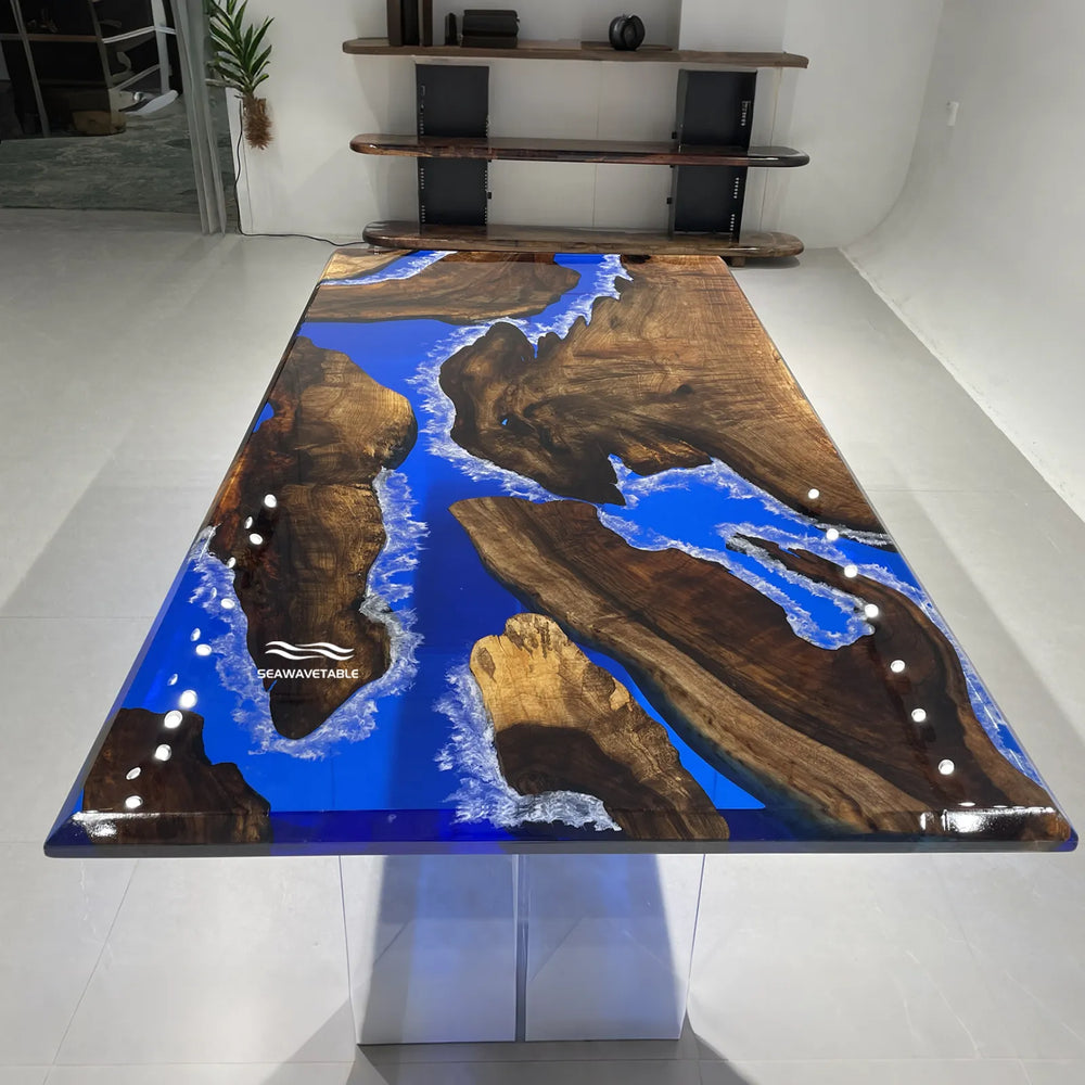Seawavetable-Stone inlaid ocean resin table, modern black walnut epoxy dining table for home