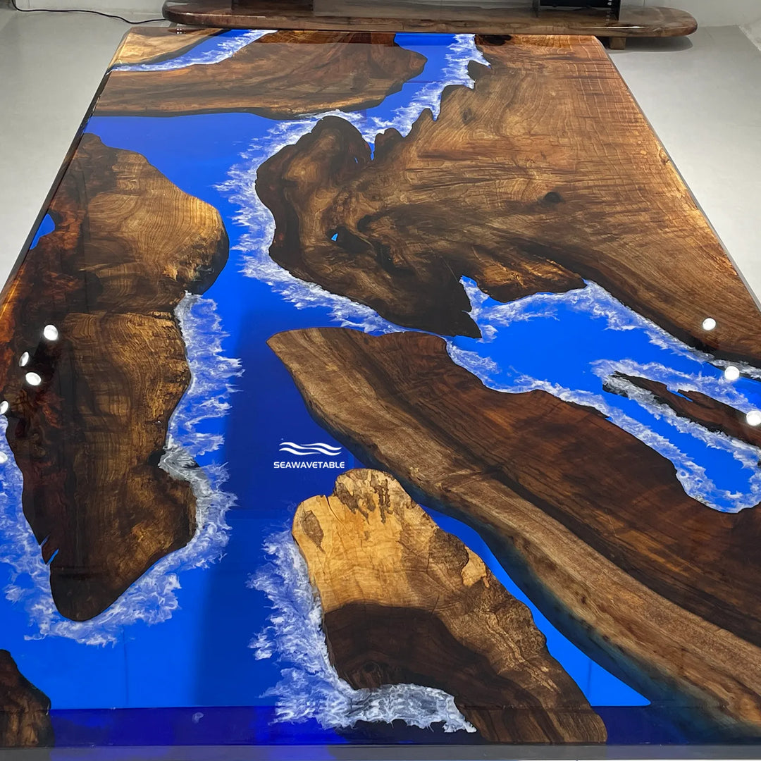 Seawavetable-Full high-gloss finish black walnut epoxy table, unique ocean wave stone inlay design