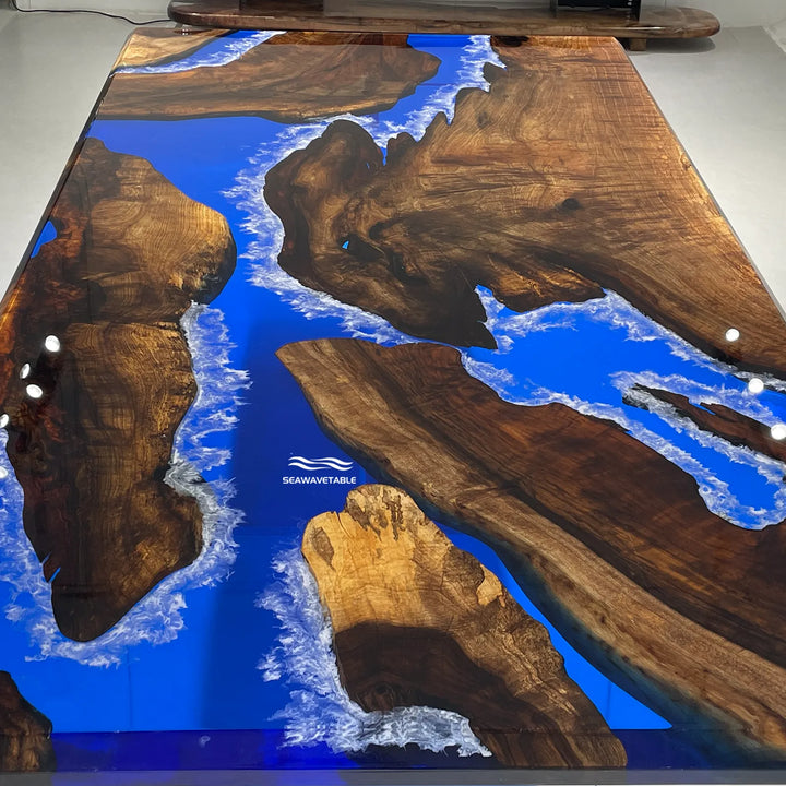 Seawavetable-Full high-gloss finish black walnut epoxy table, unique ocean wave stone inlay design