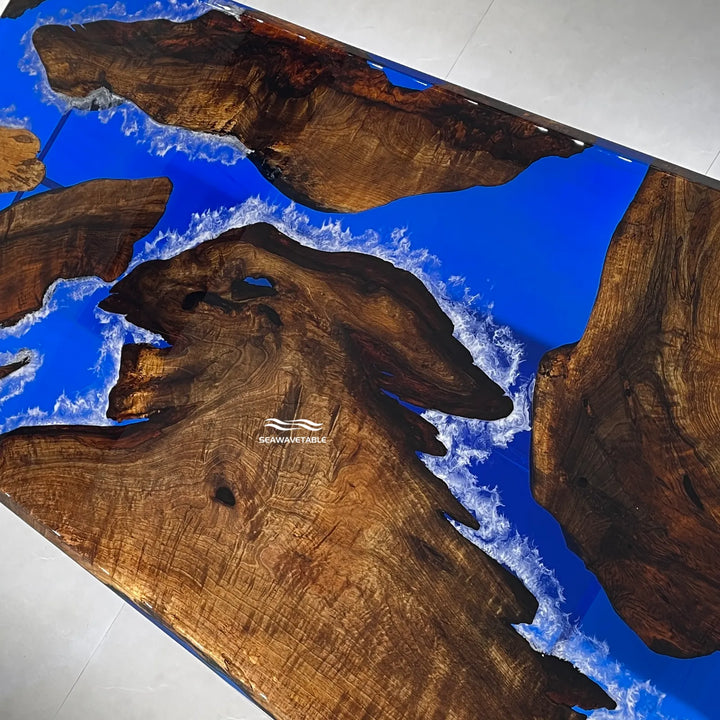 Seawavetable-One-of-a-kind black walnut epoxy river table, blue water wave resin indoor table