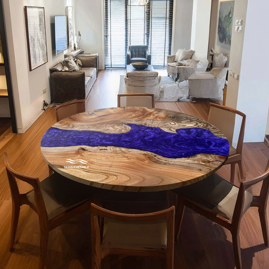 Seawavetable-Luxury Round Table with Solid Beech Wood and Royal Blue Resin River – Ohio-Made