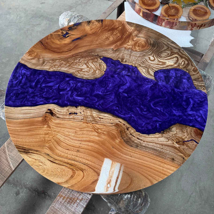 Seawavetable-High-Gloss Beech Wood Round Table with Royal Blue Resin River – Ohio Artisan