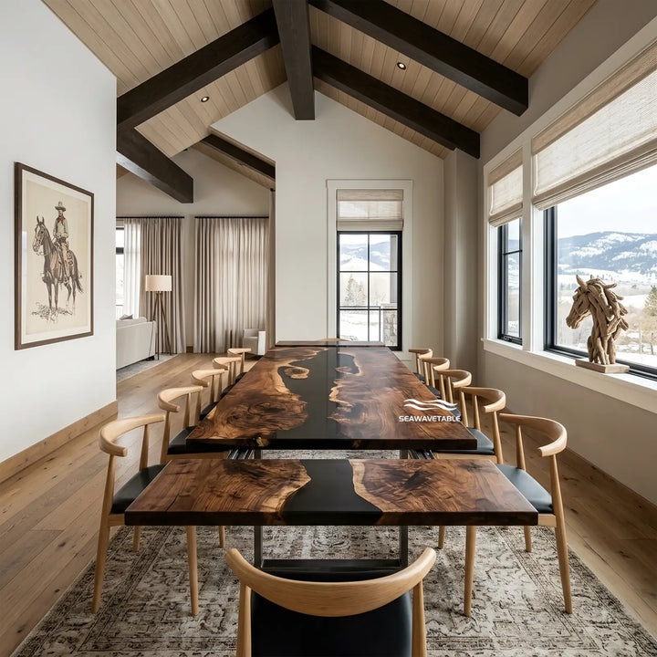 Seawavetable‑Black walnut extendable river dining table, high‑gloss opaque black epoxy, straight edge custom furniture