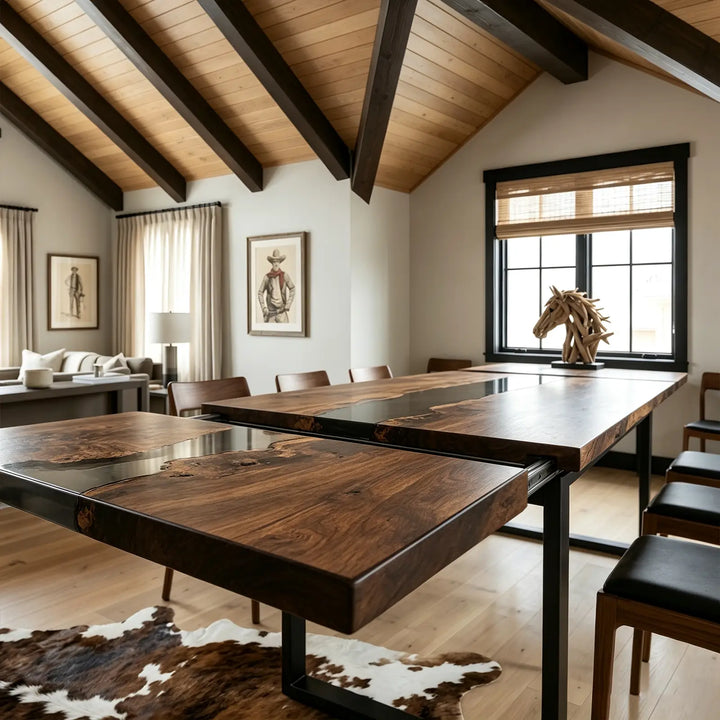 Seawavetable‑Polished high‑gloss black walnut dining table, continuous opaque black epoxy river pattern