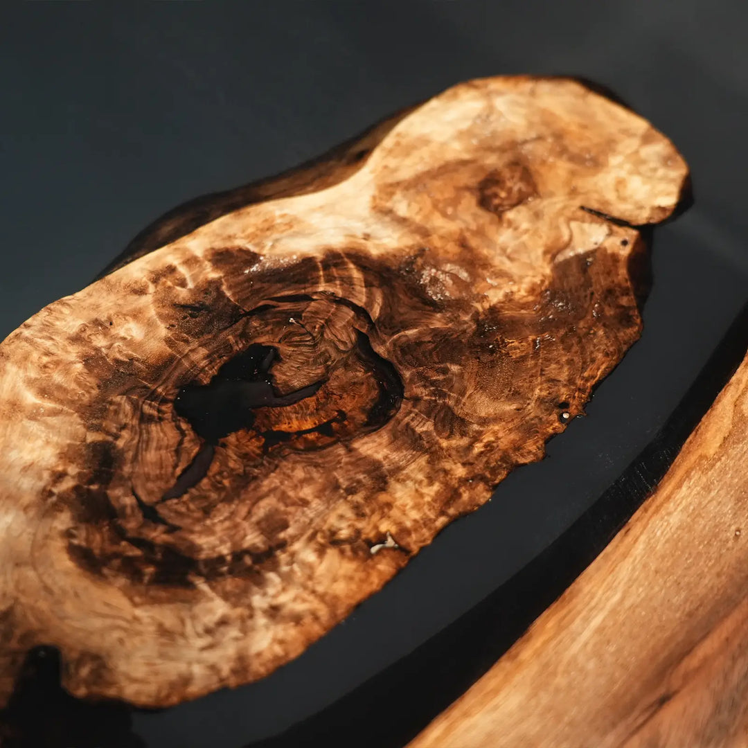Seawavetable‑Custom hand‑built black walnut expandable table, matched epoxy fold‑out extension leaves