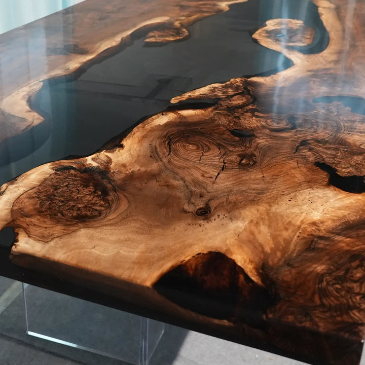 Seawavetable‑Entertaining‑ready expandable river table, black walnut polished high‑gloss epoxy surface
