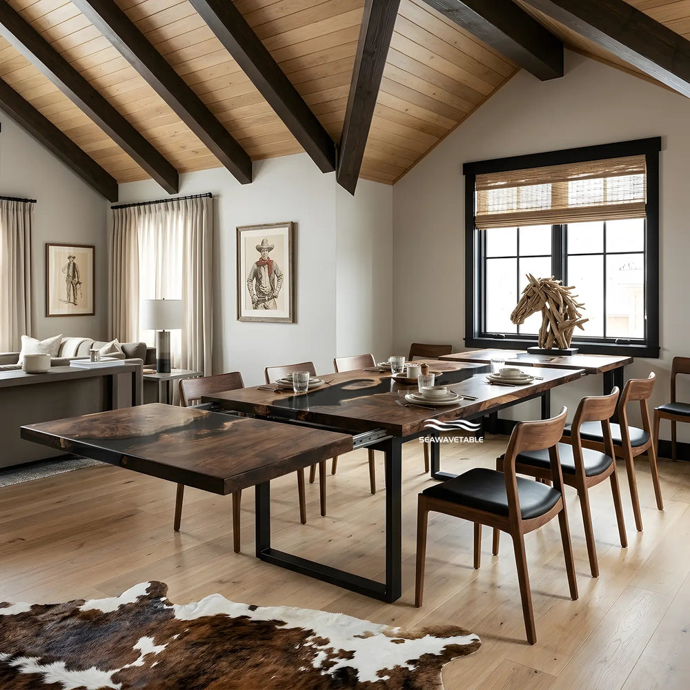 Seawavetable‑Handcrafted black walnut expandable dining table with seamless black epoxy river design