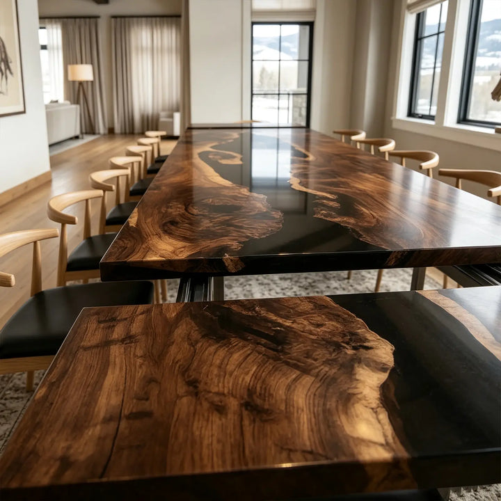 Seawavetable‑High‑gloss black walnut epoxy dining table, dual‑side fold‑out extension for family gatherings