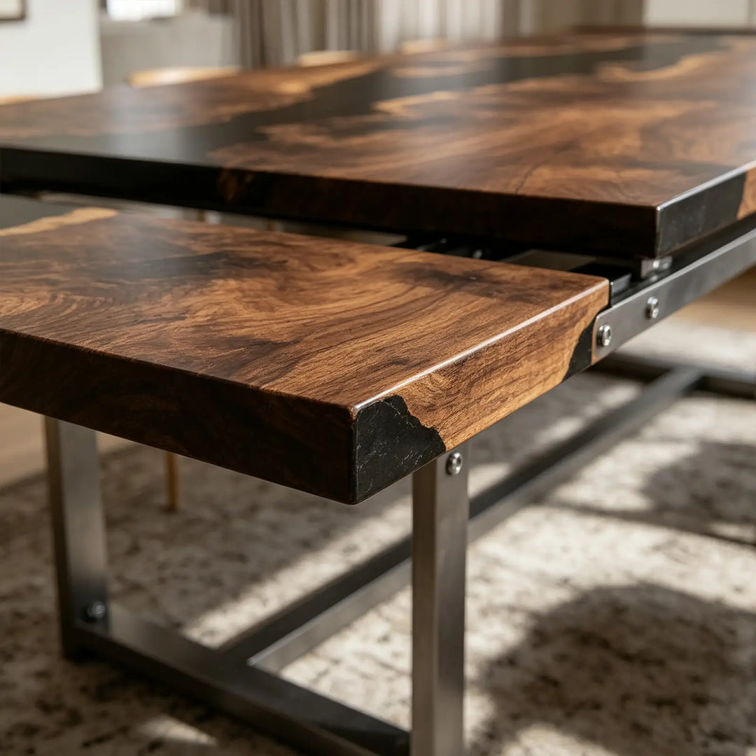 Seawavetable‑Custom black walnut river table, polished full high‑gloss finish straight‑edge dining furniture