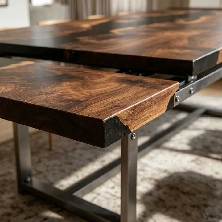 Seawavetable‑Custom black walnut river table, polished full high‑gloss finish straight‑edge dining furniture