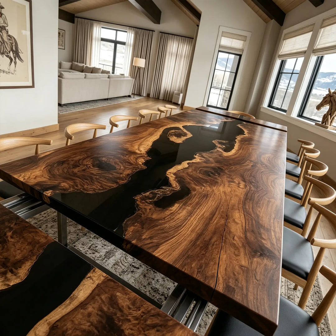 Seawavetable‑Solid black walnut extendable epoxy table, opaque black resin river for modern dining room