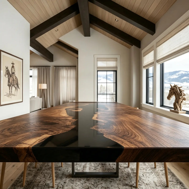 Seawavetable‑Luxury expandable river dining table, black walnut and high‑gloss black epoxy artwork