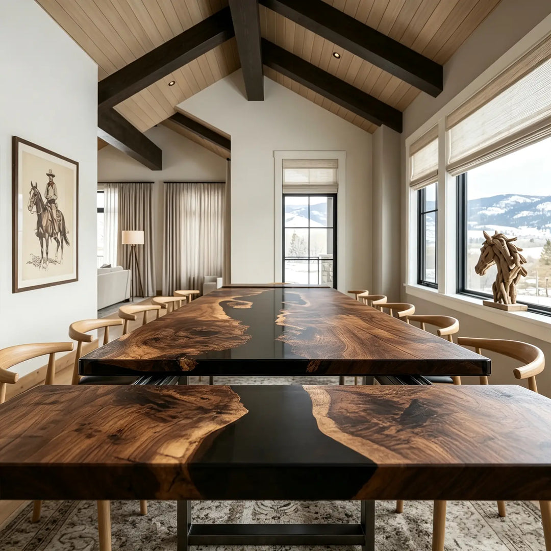 Seawavetable‑Straight‑edge black walnut epoxy extendable table, space‑saving for daily and large gatherings