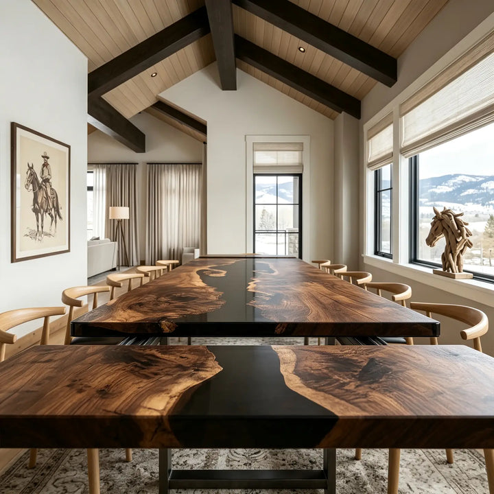 Seawavetable‑Straight‑edge black walnut epoxy extendable table, space‑saving for daily and large gatherings