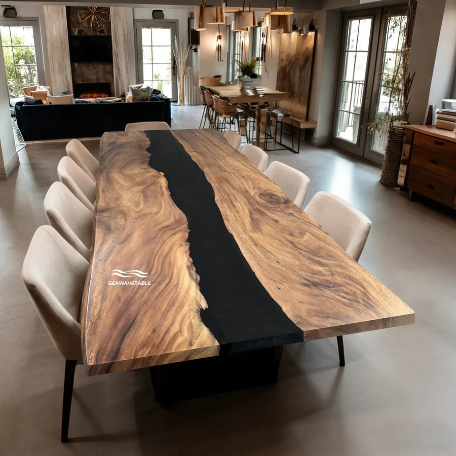 Black epoxy river walnut table with natural live edge design