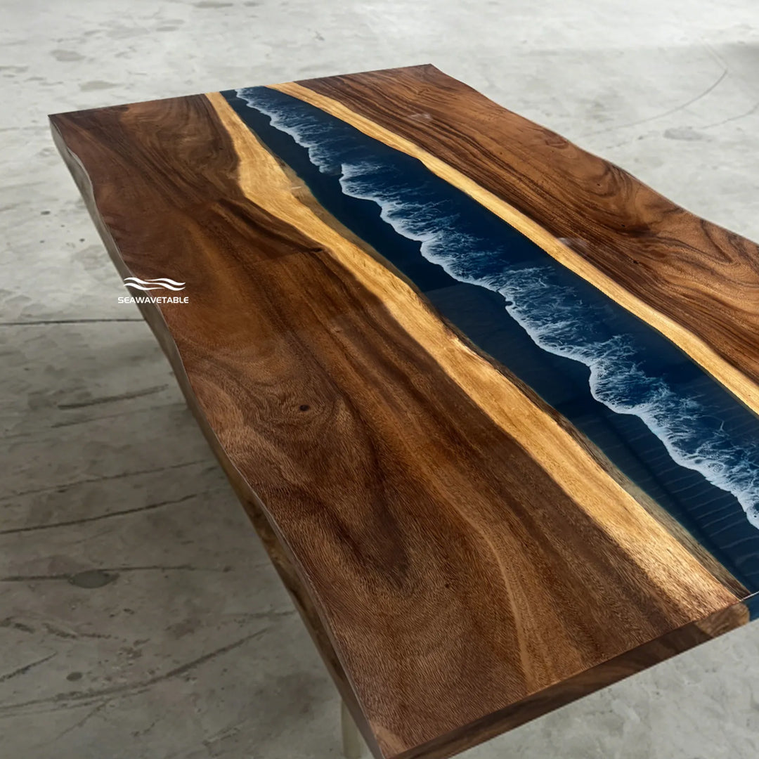 Seawavetable-Coastal ocean themed epoxy river dining table fixed 40*90 size walnut wood full high gloss natural live edge