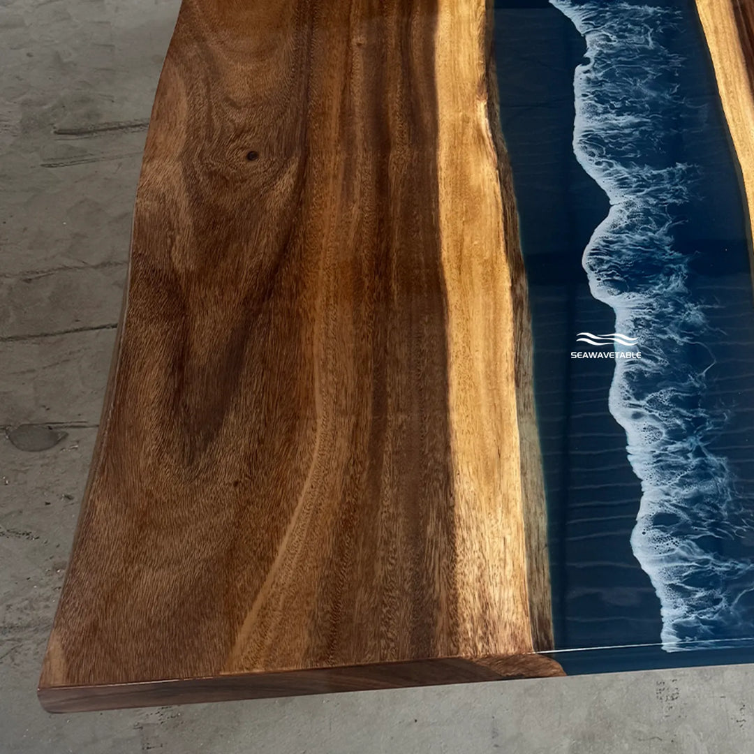 Seawavetable-Upscale long rectangular epoxy dining table 40x90 walnut wood dual live edge layered navy blue glossy wave resin