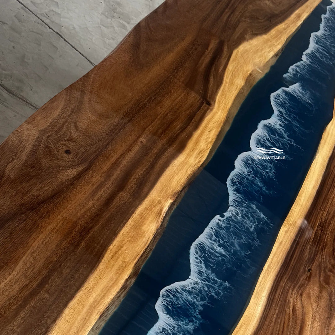 Seawavetable-Luxury resin dining table solid dual live edge walnut navy blue ocean wave epoxy polished full gloss surface 40×90