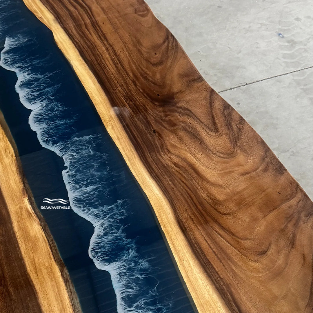 Seawavetable-Inventory epoxy dining table 40"W×90"L solid walnut wood navy blue wave resin glossy top dual live edge design