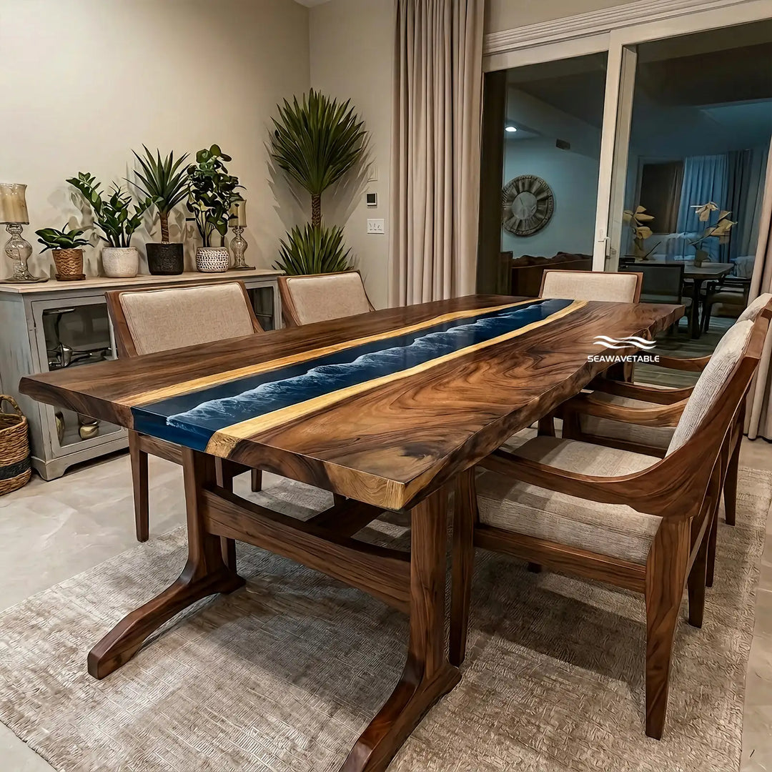 Seawavetable-Large epoxy dining table 40 by 90 inch solid dual walnut slabs navy blue wave epoxy natural live edge
