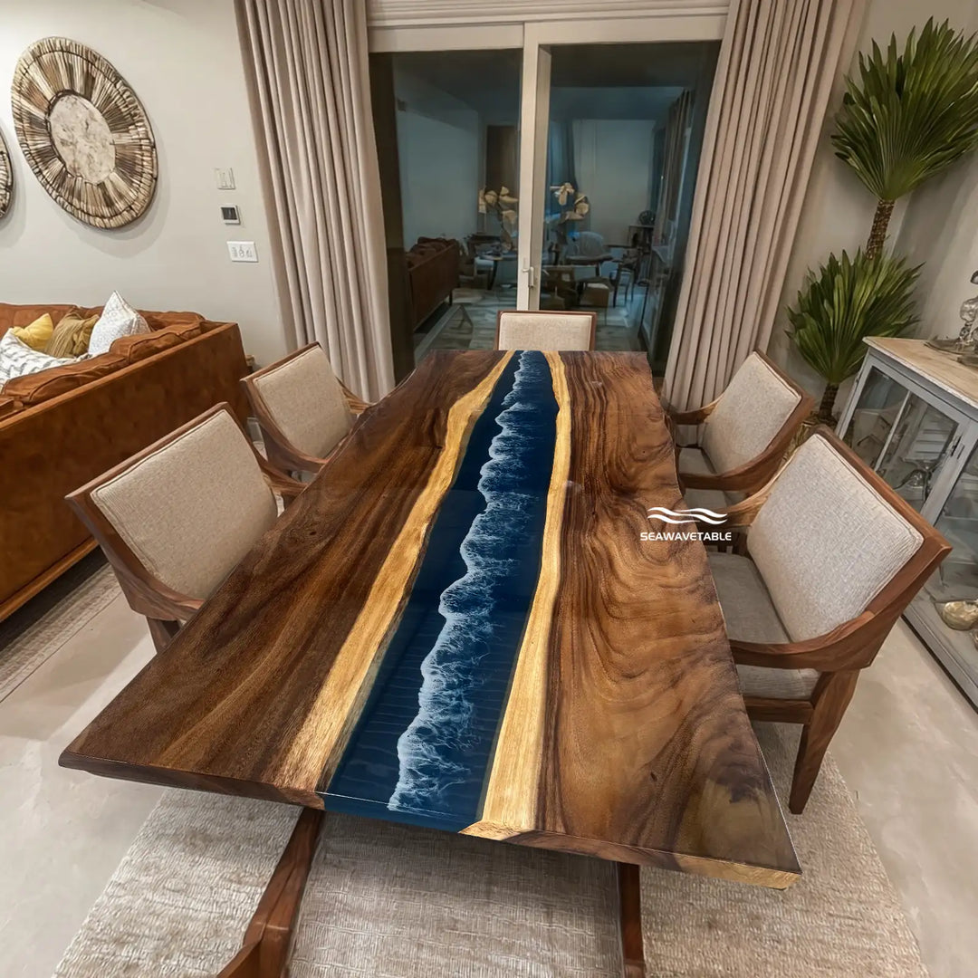 Seawavetable-Premium full gloss epoxy table walnut wood navy blue ocean wave resin central river live edge ready to ship