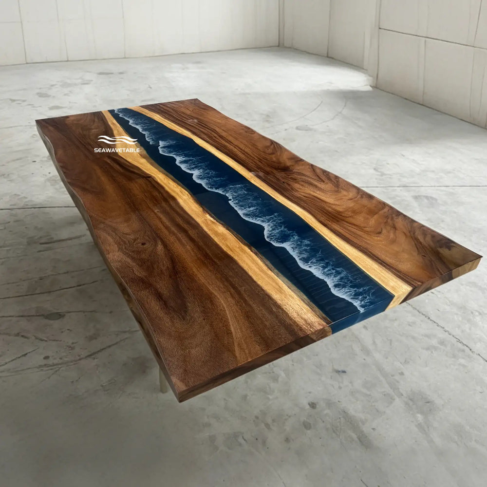 Seawavetable-In stock 40x90 inch walnut live edge epoxy river table dual raw live edge glossy navy blue ocean wave resin dining furniture