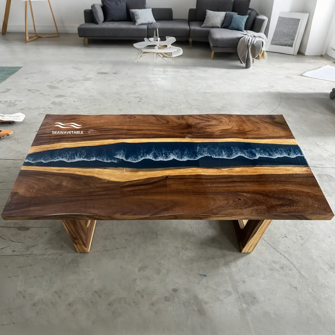 Seawavetable-Ready-to-deliver walnut live edge epoxy dining table 40×90in navy blue epoxy river with hand sculpted white wave surf high gloss