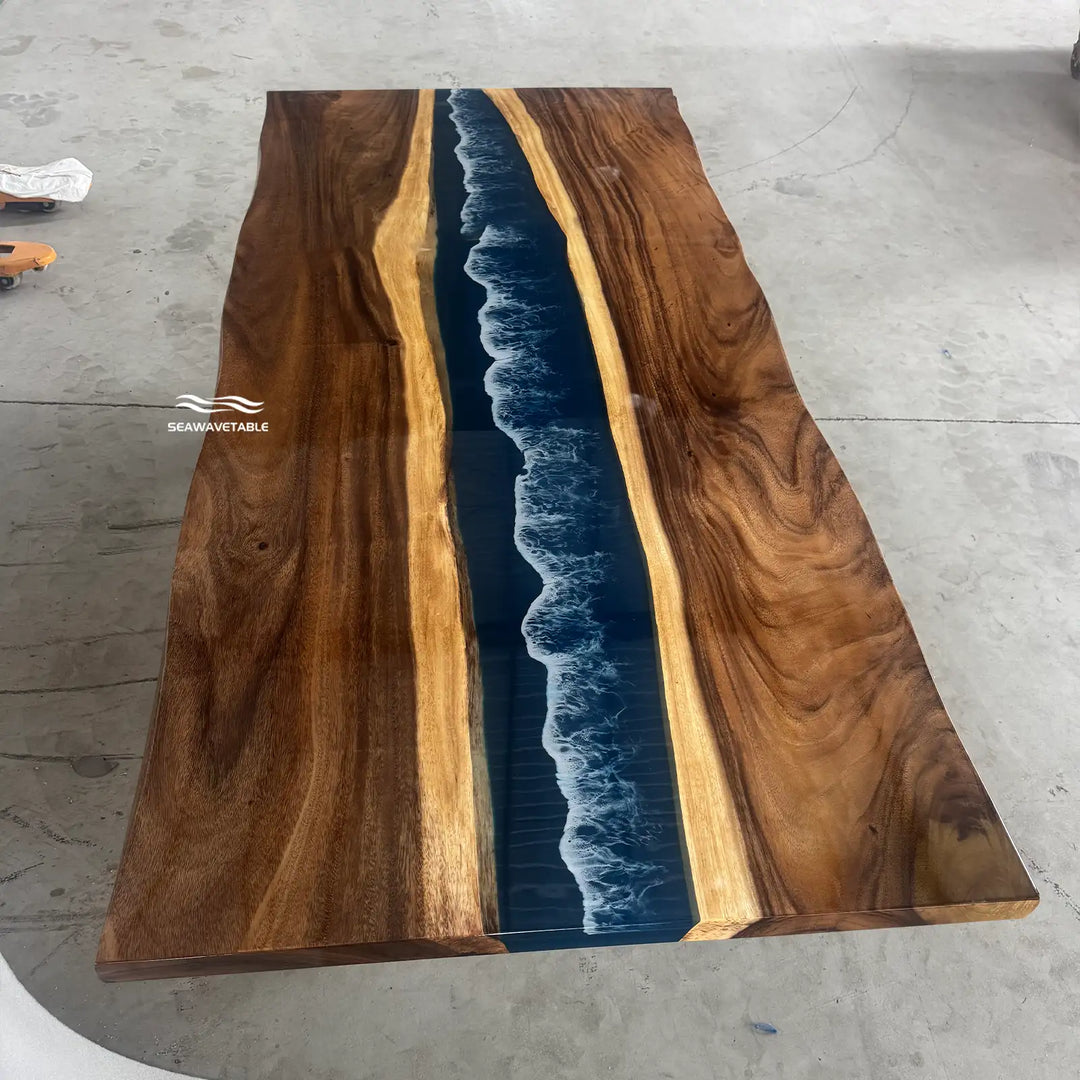 Seawavetable-Dual live edge solid walnut statement epoxy table 40x90 inch winding central navy blue ocean wave resin river design