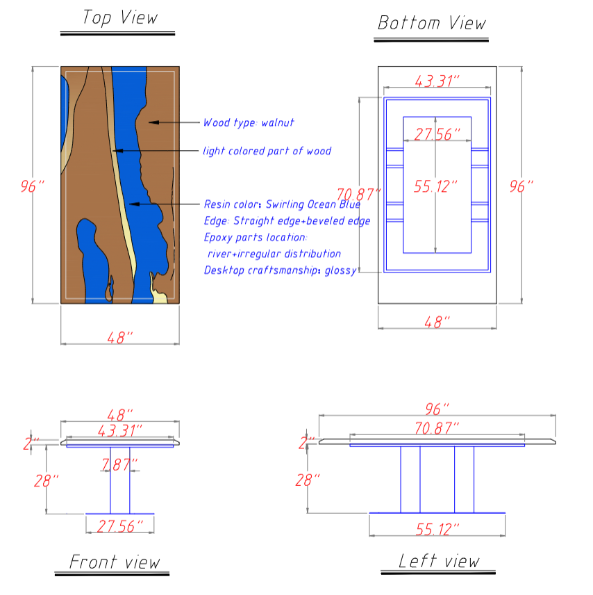 Seawavetable-One of a kind walnut epoxy river dining table high gloss finish bevel cut edge fixed size 48×96 in stock