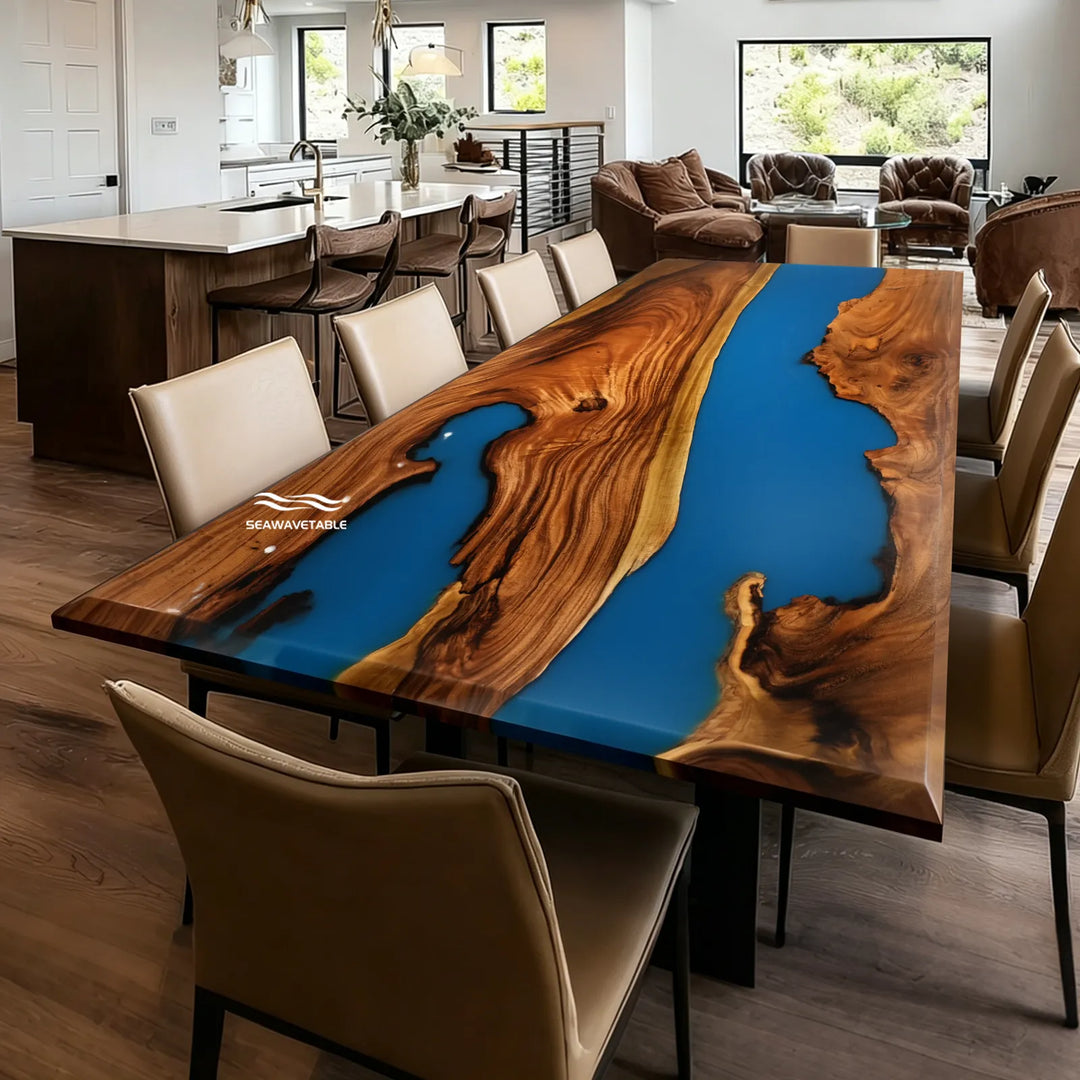 Seawavetable-Premium high gloss epoxy table walnut wood swirling blue ocean river all around bevel cut ready to ship