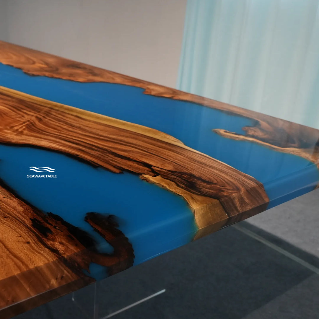 Seawavetable-Coastal style walnut epoxy table seamless swirling ocean blue river full beveled edge 48x96 inch