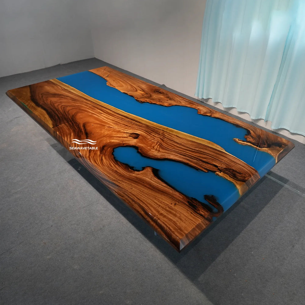 Seawavetable-In stock 48"W×96"L walnut epoxy river table full perimeter bevel edge glossy ocean blue resin dining furniture