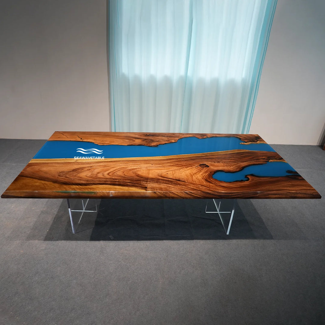 Seawavetable-Ocean themed epoxy river dining table fixed 48*96 size walnut high gloss polished bevel perimeter edge