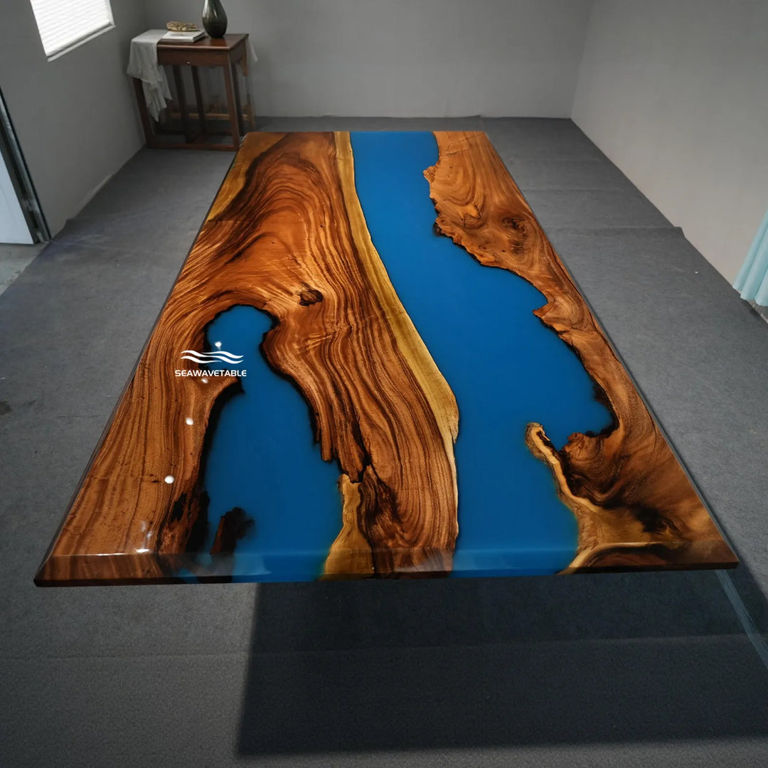 Seawavetable-Handcrafted walnut resin dining table swirling ocean blue epoxy full high gloss finish 48×96 inch in stock