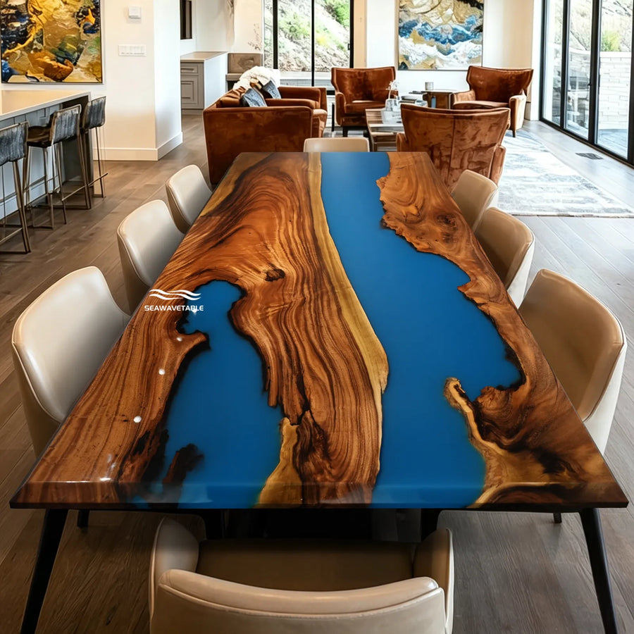 Seawavetable-48x96 inch beveled edge walnut epoxy dining table swirling ocean blue epoxy river high gloss finish in stock