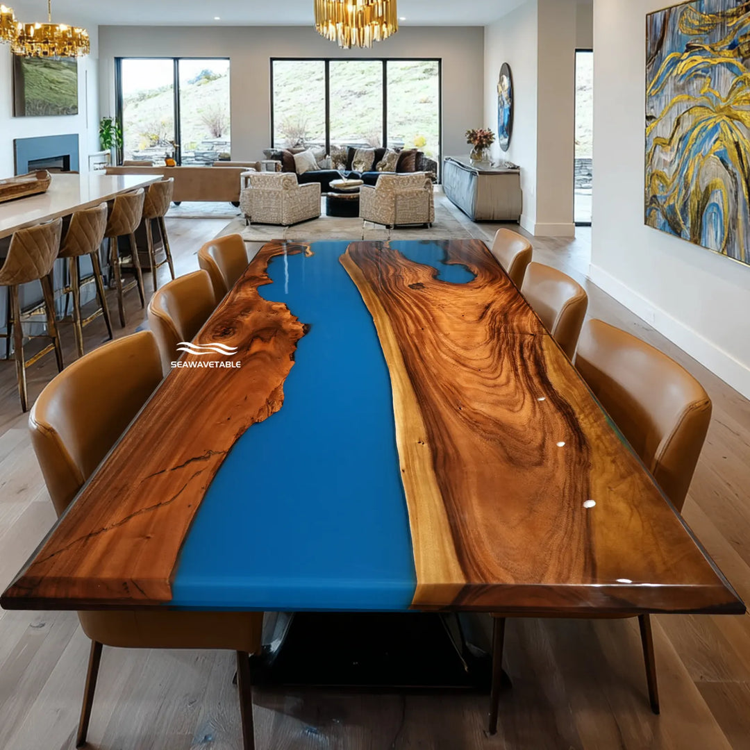 Seawavetable-Ready-to-ship walnut epoxy dining table 48×96in swirling ocean blue epoxy river full high gloss surface