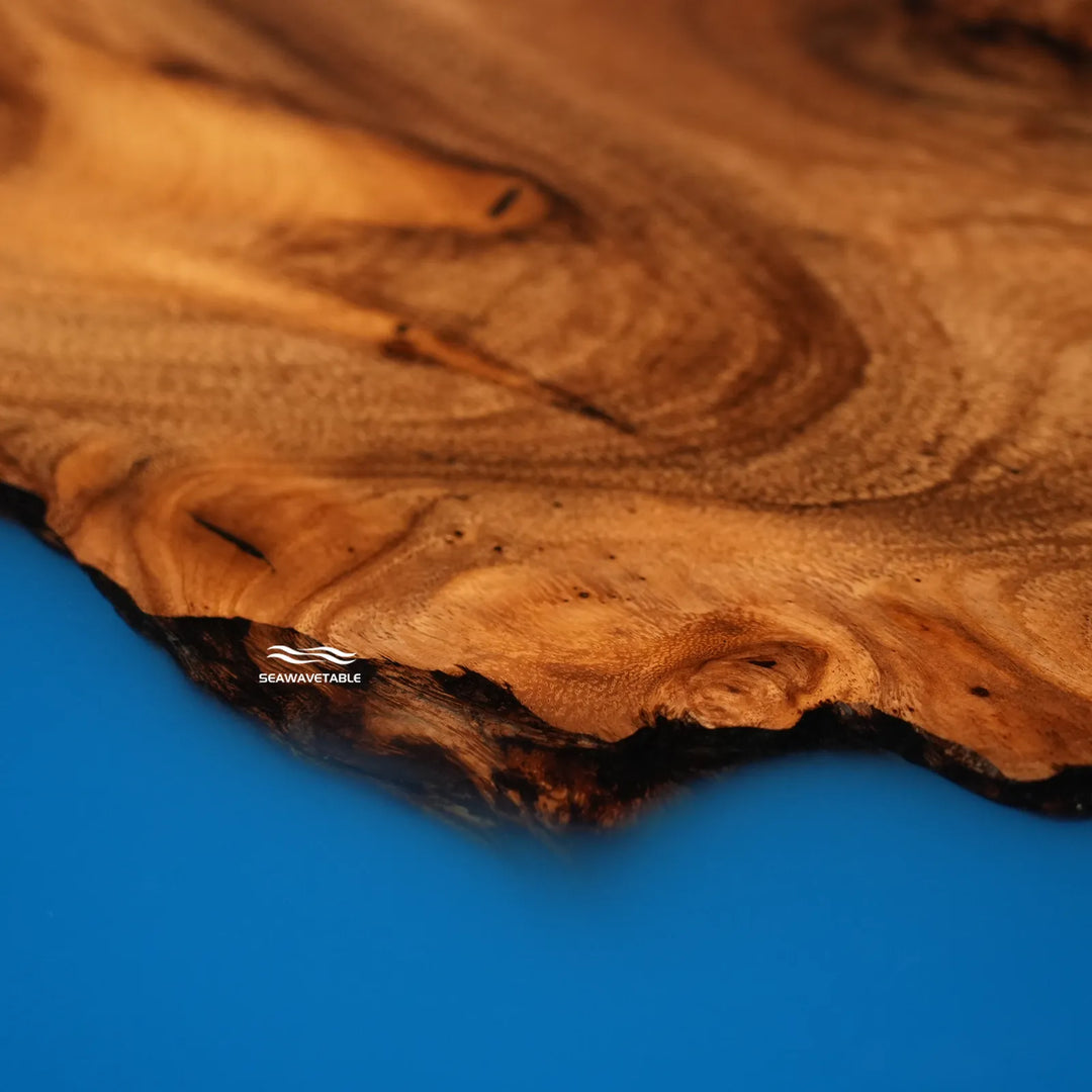 Seawavetable-Upscale rectangular epoxy dining table 48x96 walnut wood beveled edge vibrant swirling ocean blue river