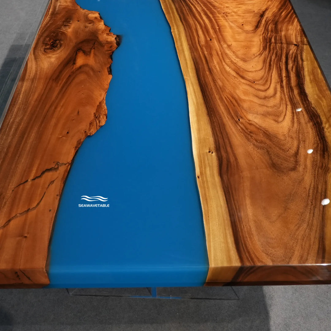 Seawavetable-Inventory epoxy dining table 48"W96"L solid walnut swirling ocean blue resin glossy top bevel edge design