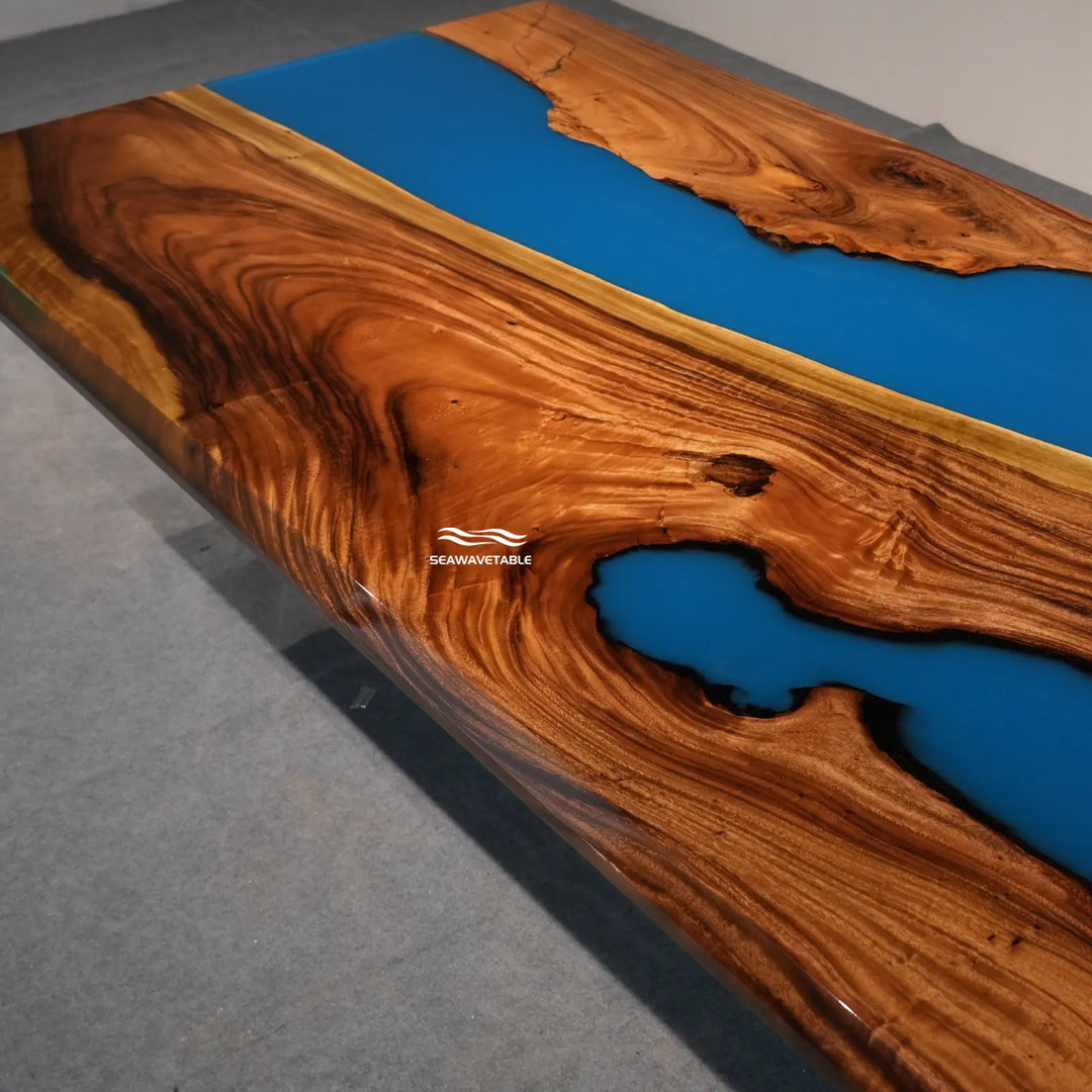Seawavetable-Heavy duty walnut epoxy river table high gloss coating precision bevel edge fixed dimension 48×96 inches