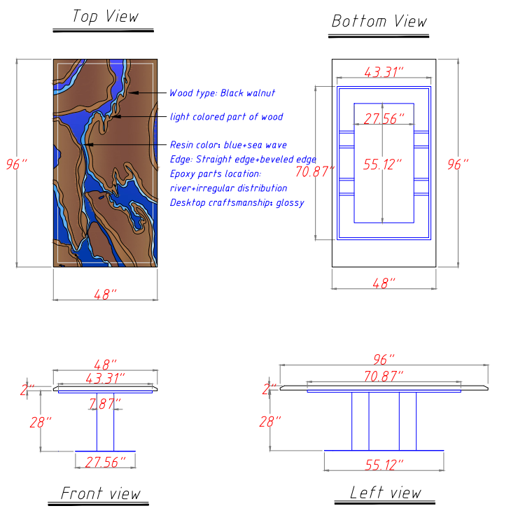 Artistic epoxy table featuring blue river flow and handcrafted wood design