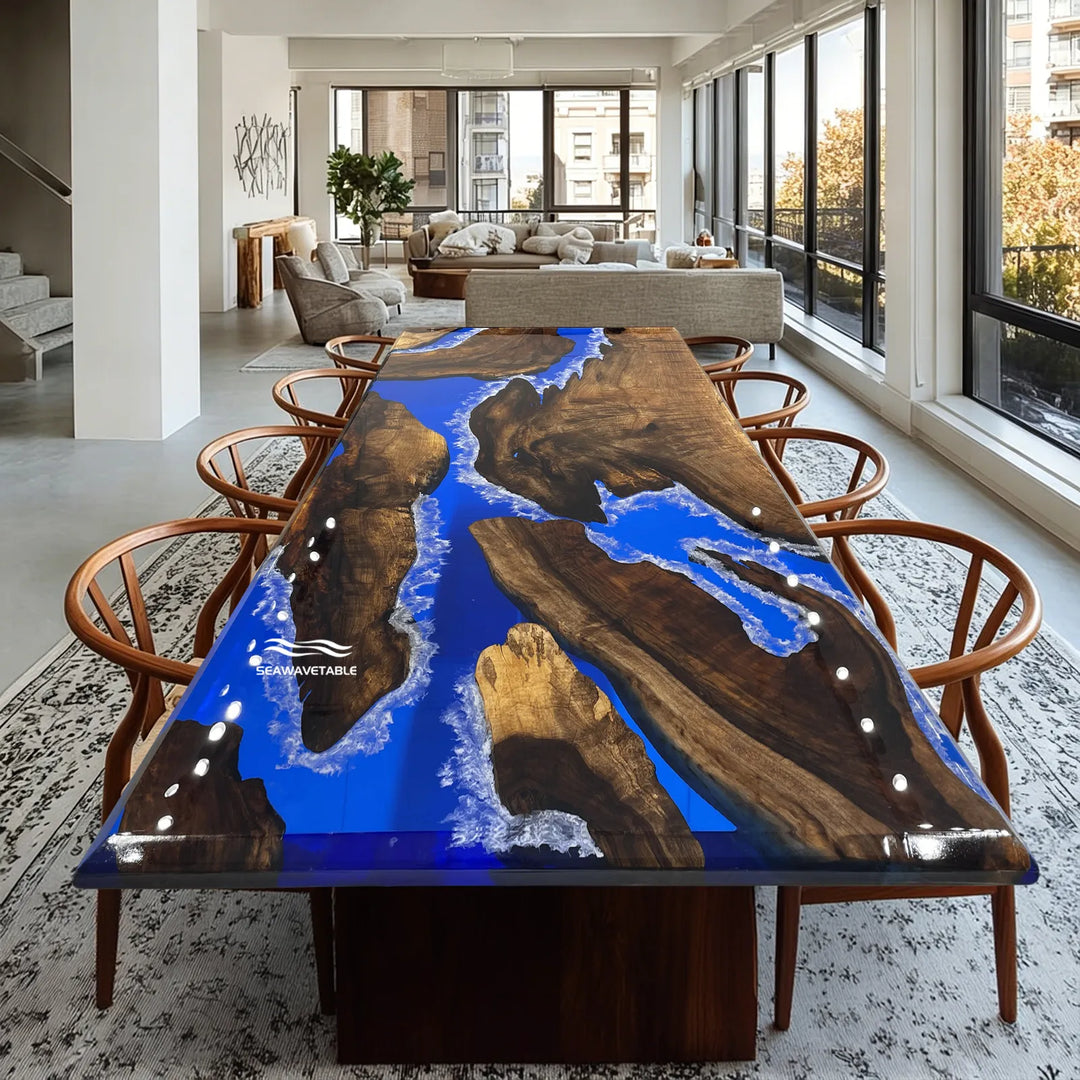 Blue ocean epoxy river dining table with natural wood slabs in modern living space