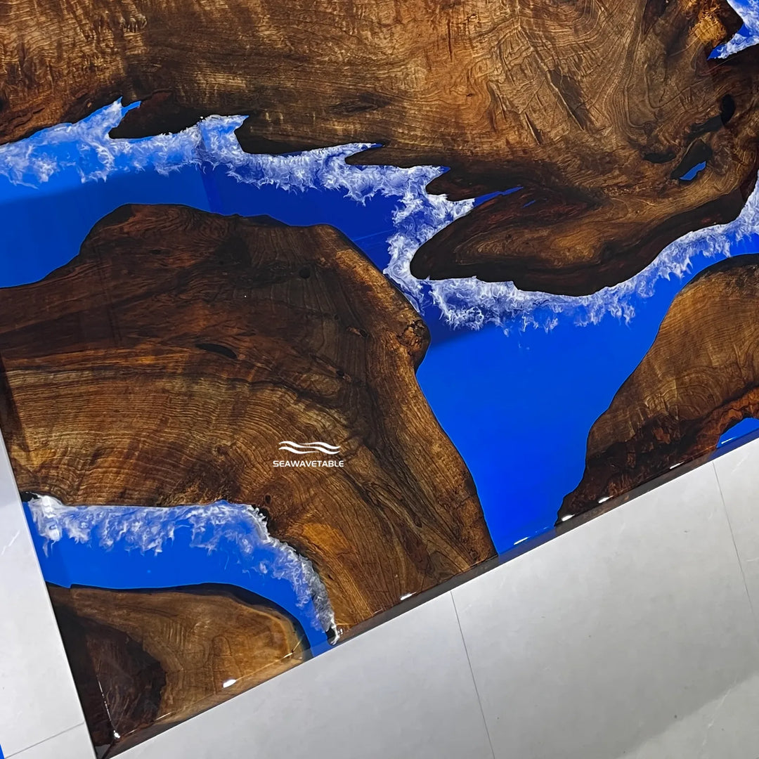 Unique resin river dining table with natural wood slabs and ocean theme