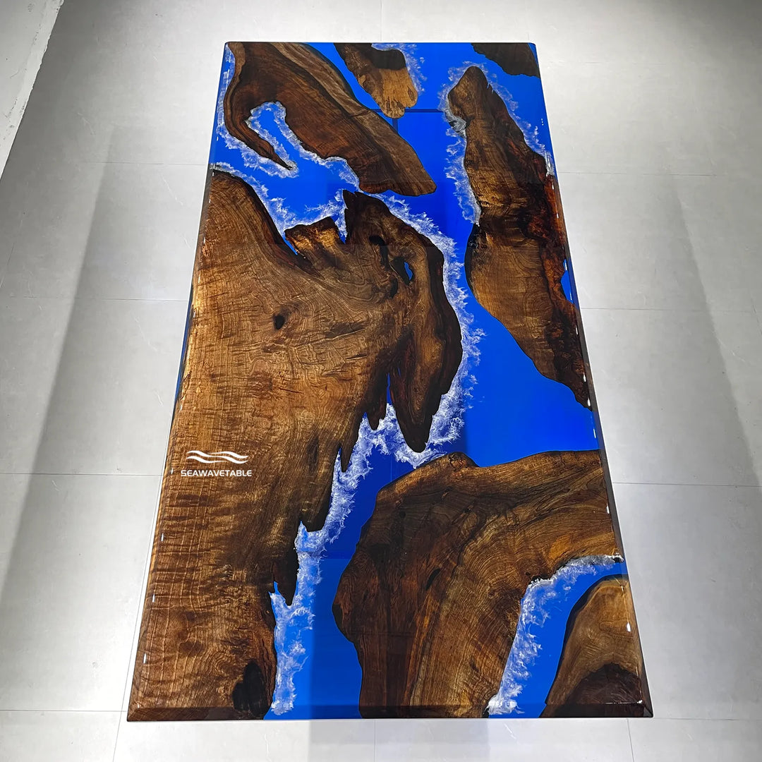 Handmade epoxy river table with coastal ocean design and glossy surface