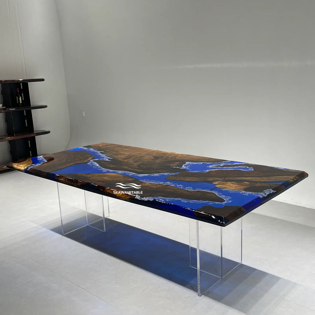 Solid wood and blue resin dining table with artistic shoreline detailing