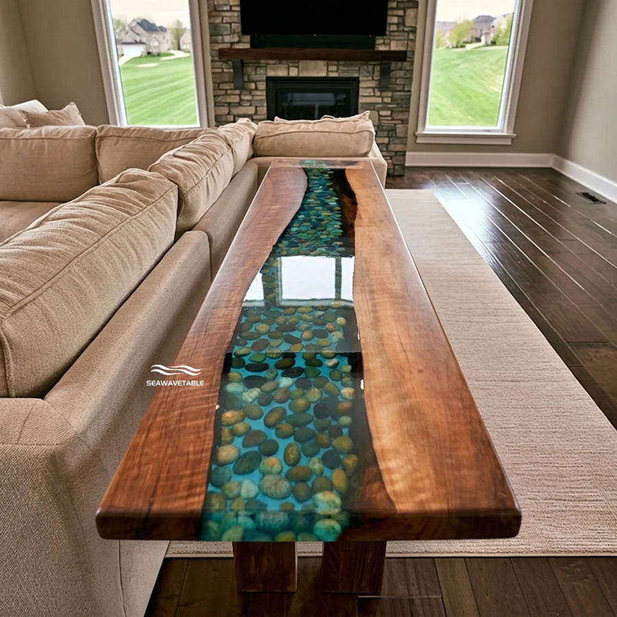 Seawavetable-In stock black walnut epoxy river console table transparent blue resin with embedded stones high gloss finish