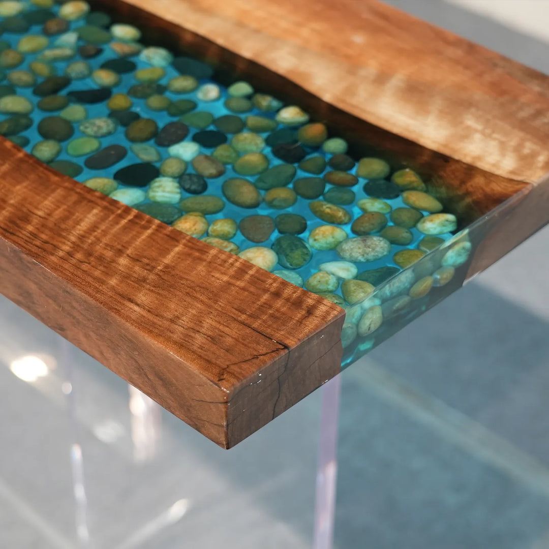 Seawavetable-black walnut epoxy console table displayed in foyer entryway interior