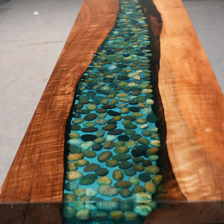 Seawavetable-wide shot black walnut blue epoxy console table modern organic home decor